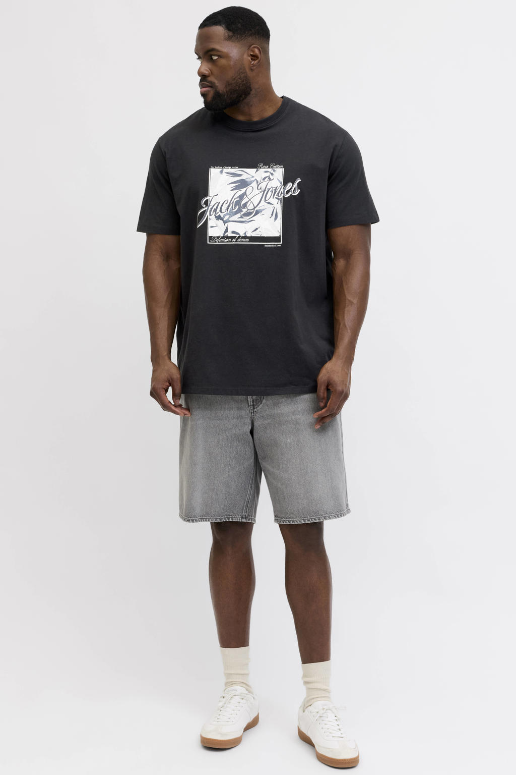 Zwarte heren JACK & JONES PLUS SIZE regular T-shirt van katoen met printopdruk, korte mouwen en ronde hals