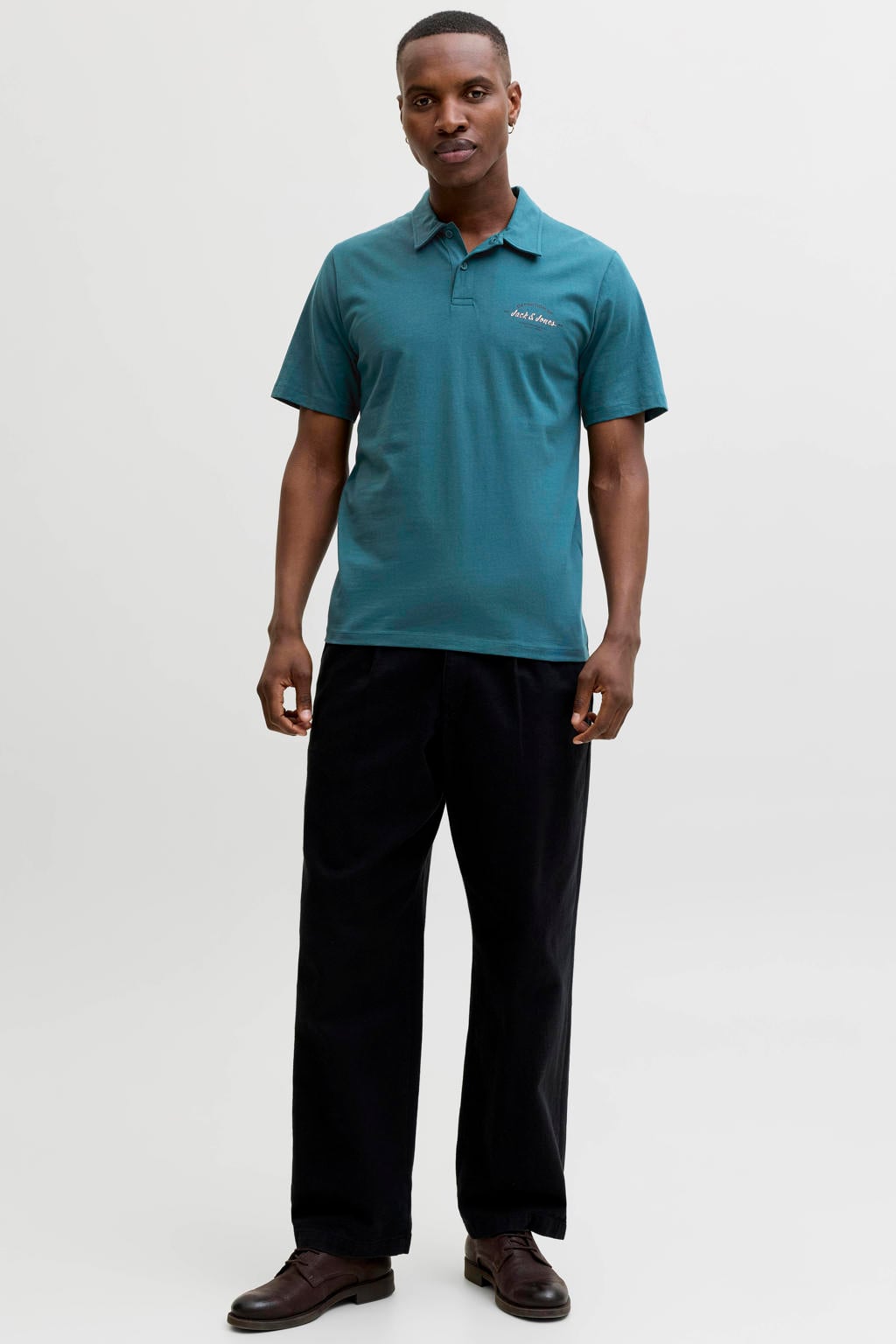 Petrolkleurige heren JACK & JONES regular polo van katoen met effen, korte mouwen en knoopsluiting