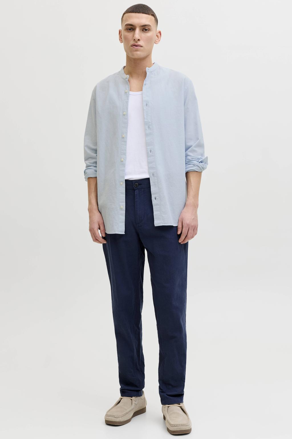Blauwe heren JACK & JONES ESSENTIALS regular casual overhemd van linnen met effen, lange mouwen, mao kraag en knoopsluiting