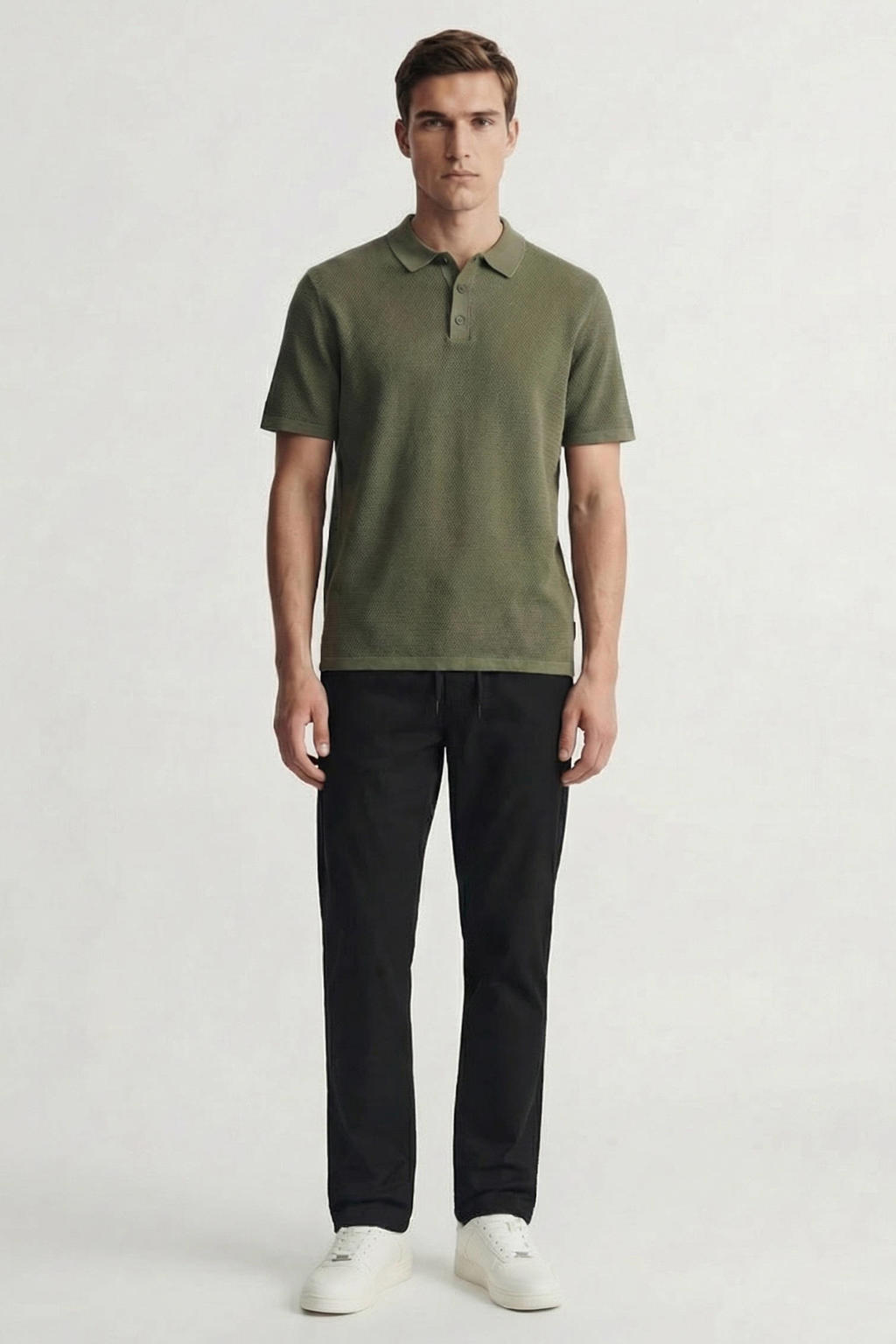 Donkergroene heren JACK & JONES ESSENTIALS regular polo gebreid van katoen met effen, korte mouwen en knoopsluiting