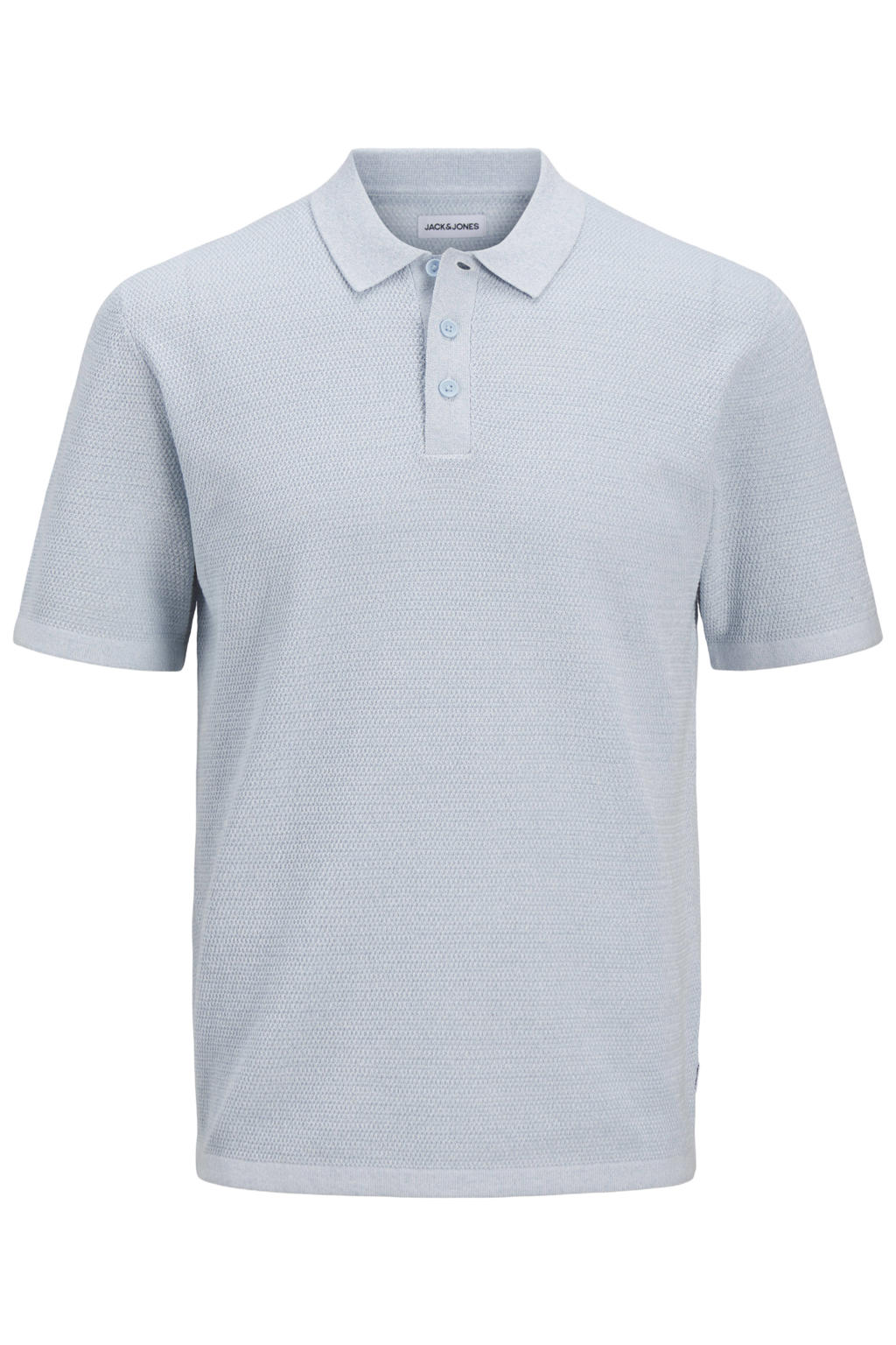Lichtblauwe heren JACK & JONES ESSENTIALS regular polo gebreid van katoen met effen, korte mouwen en knoopsluiting