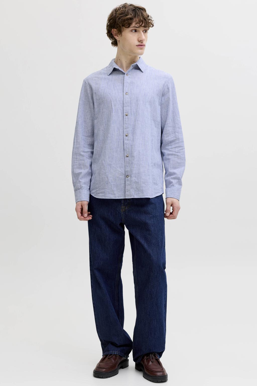 JACK & JONES ESSENTIALS regular casual gestreept overhemd met linnen blauw