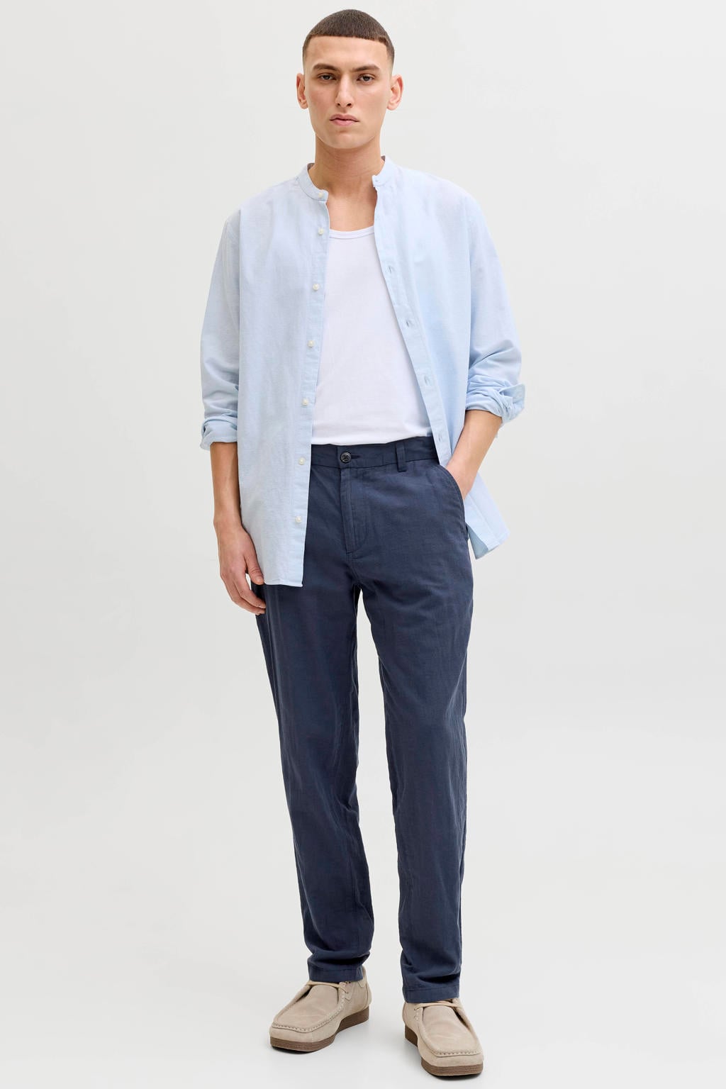 JACK & JONES PANTS STUDIO JPSTACE tapered chino met linnen donkerblauw