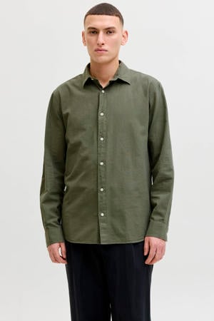 regular casual overhemd met linnen olijfgroen