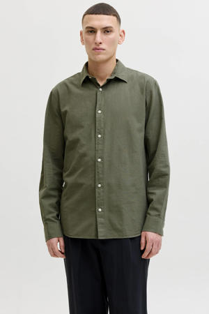 regular casual overhemd met linnen olijfgroen