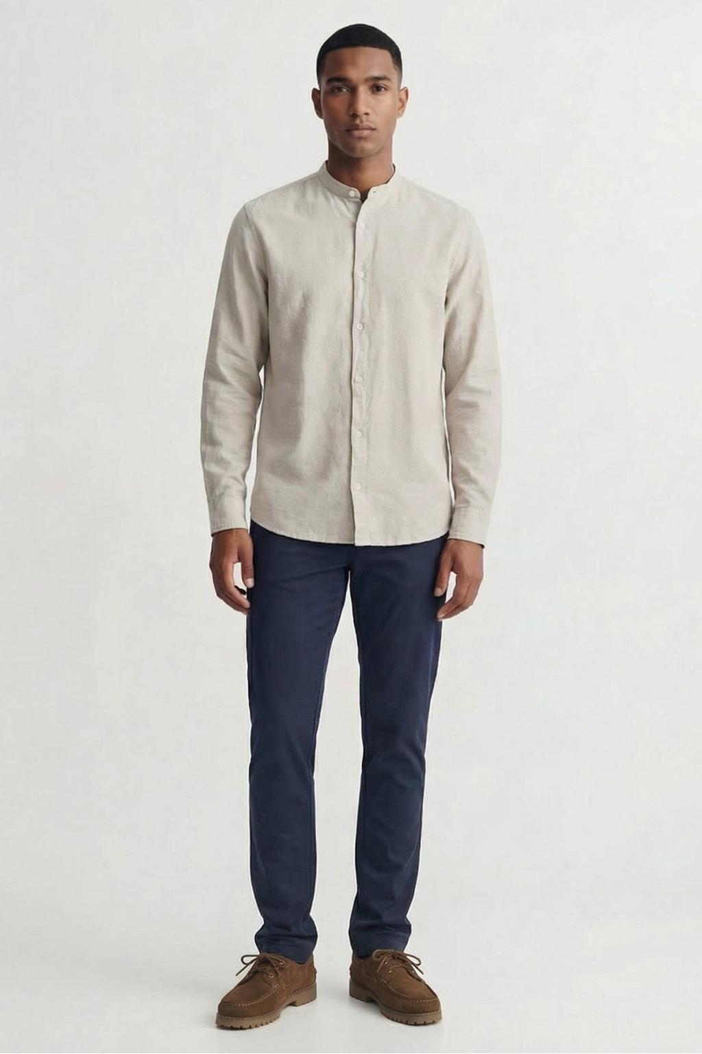 Beige heren JACK & JONES ESSENTIALS regular casual overhemd van linnen met effen, lange mouwen, mao kraag en knoopsluiting