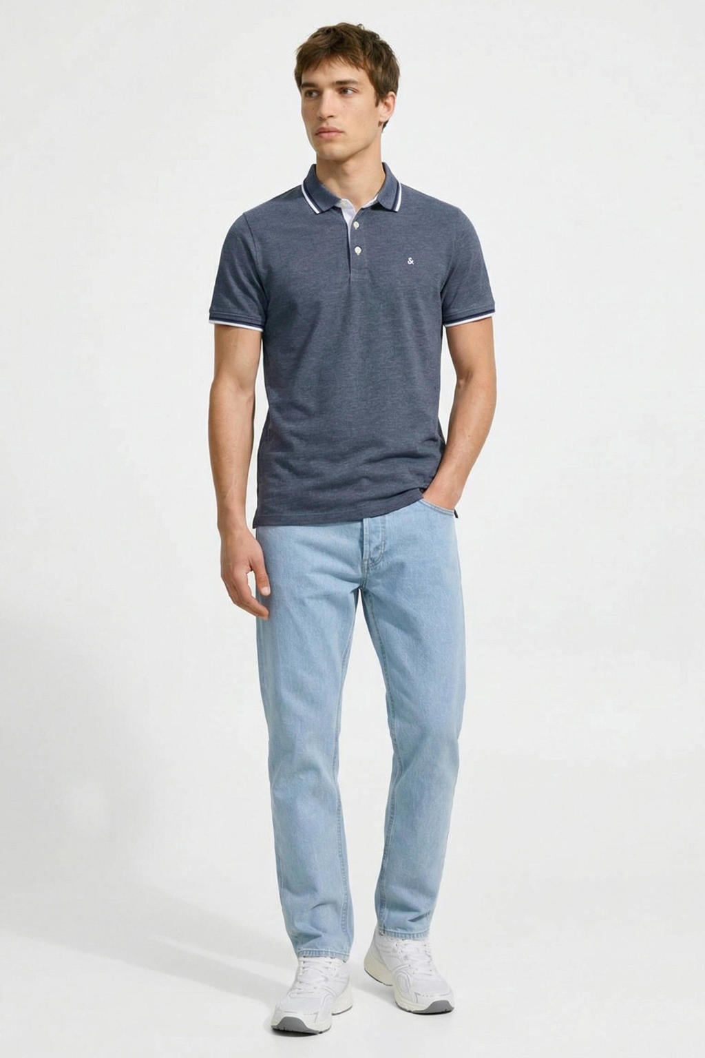 Blauwe heren JACK & JONES ESSENTIALS slim polo van katoen met melée print, korte mouwen en pique
