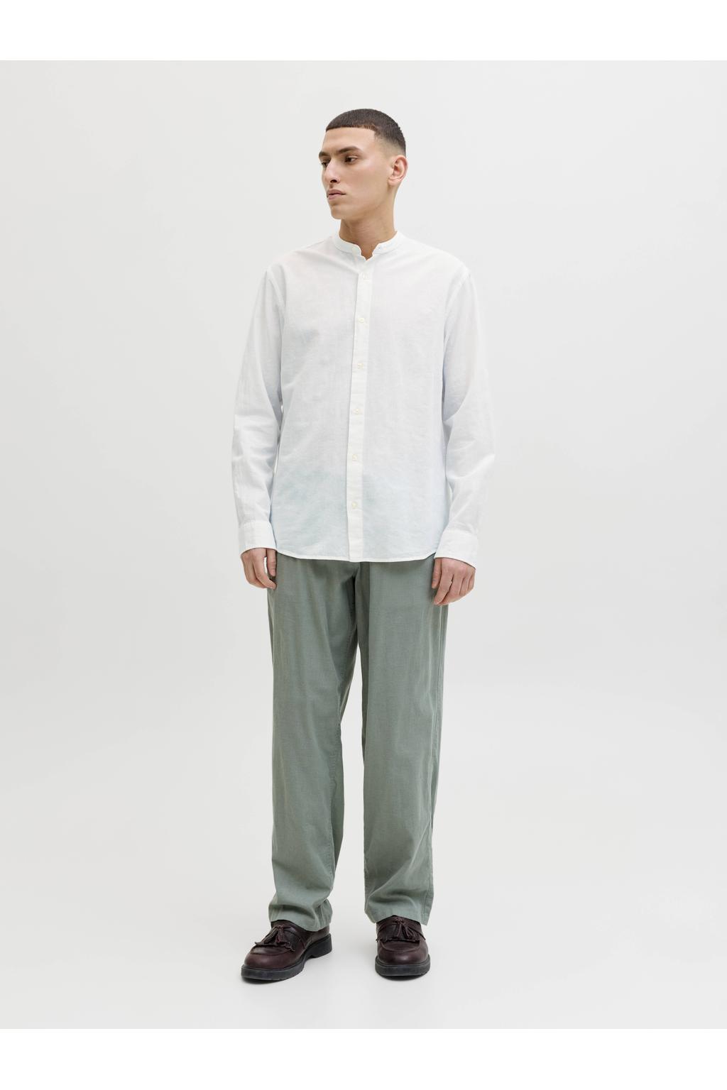 Witte heren JACK & JONES ESSENTIALS regular casual overhemd van linnen met effen, lange mouwen, mao kraag en knoopsluiting