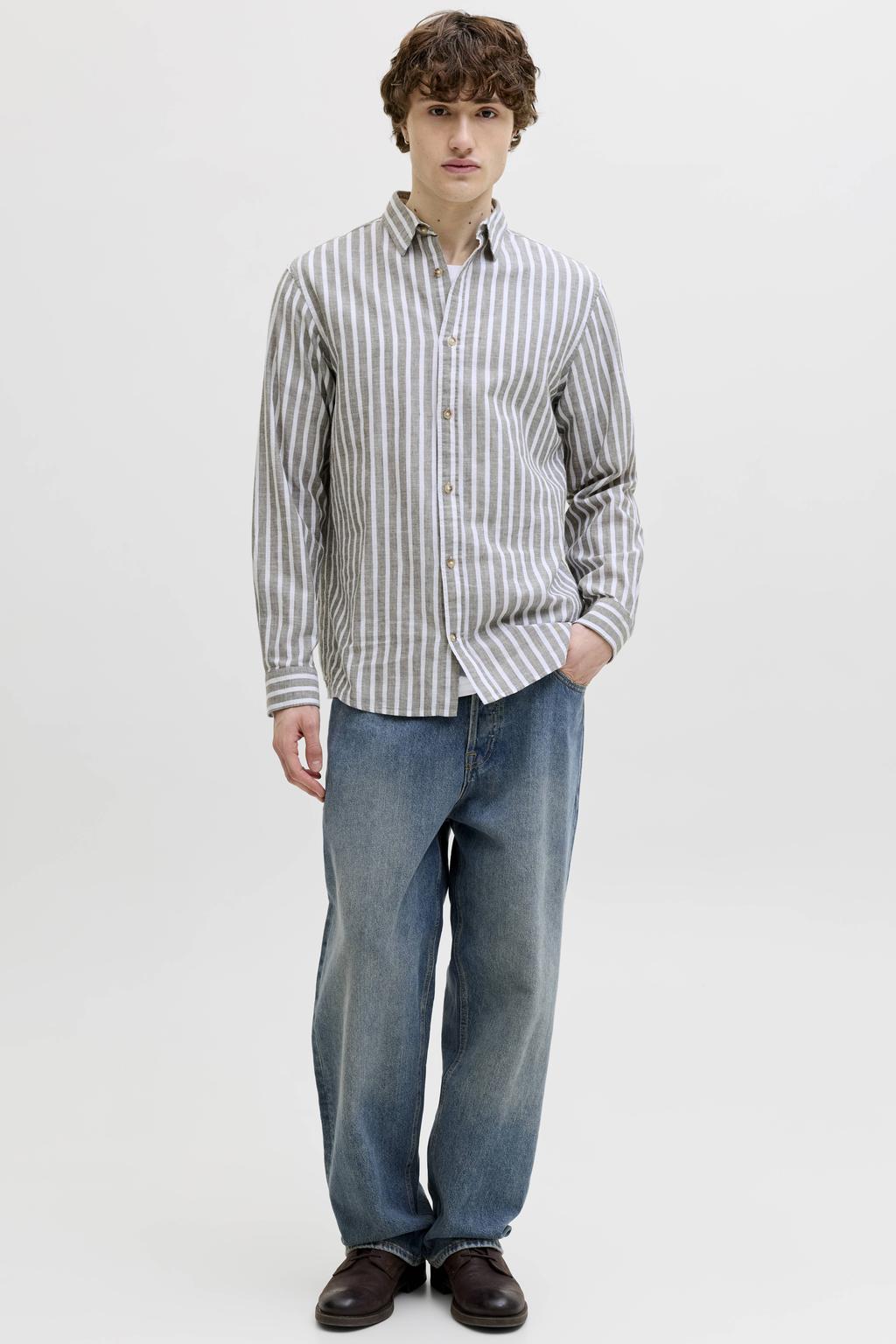 JACK & JONES ESSENTIALS regular casual gestreept overhemd met linnen grijsgroen