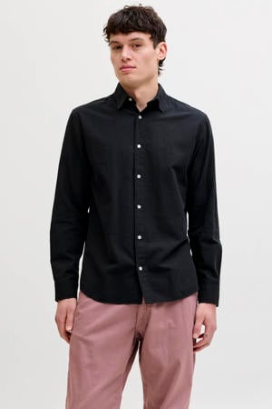 regular casual overhemd met linnen zwart