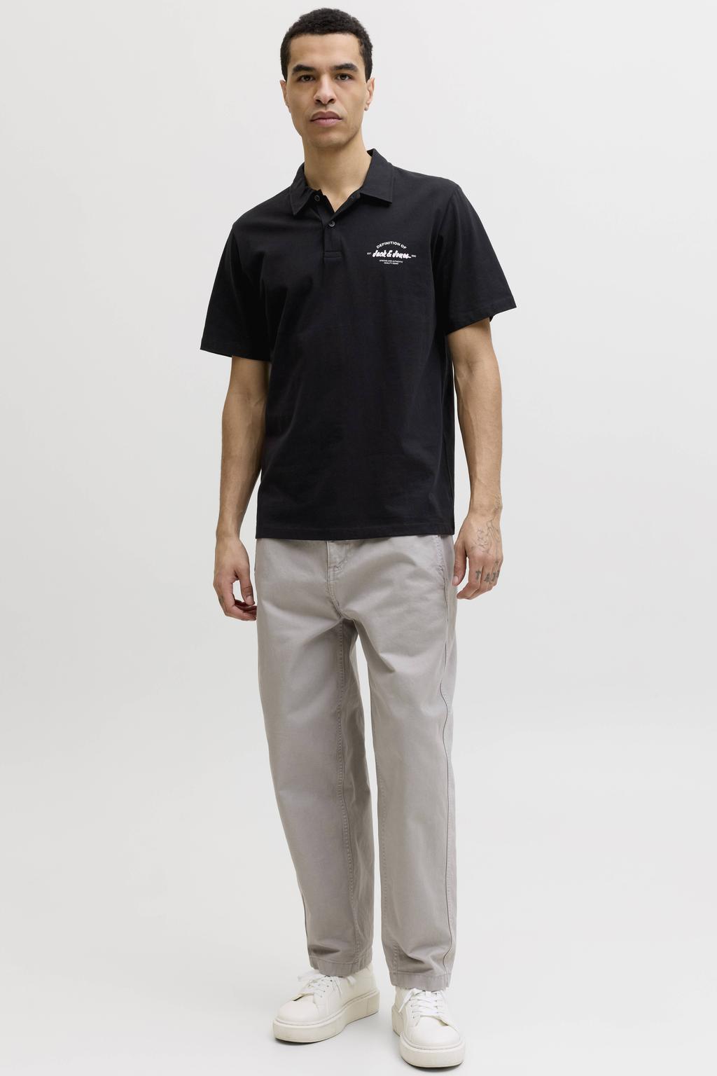 Zwarte heren JACK & JONES regular polo van katoen met effen, korte mouwen en knoopsluiting