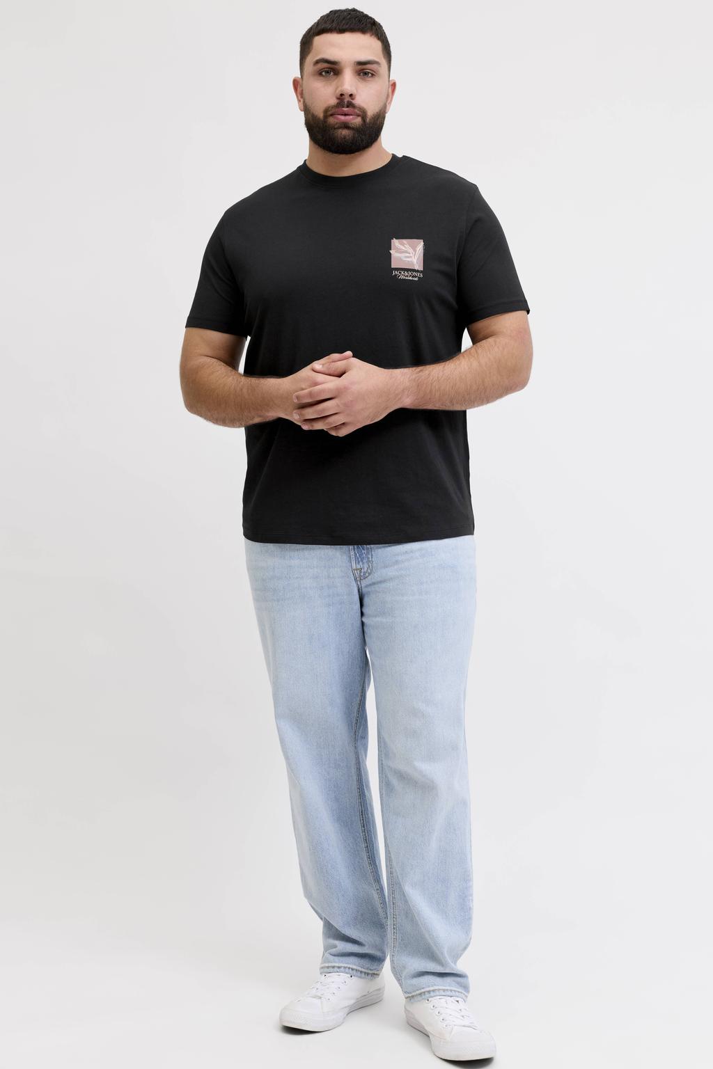 Zwarte heren JACK & JONES PLUS SIZE regular T-shirt van katoen met printopdruk, korte mouwen en ronde hals