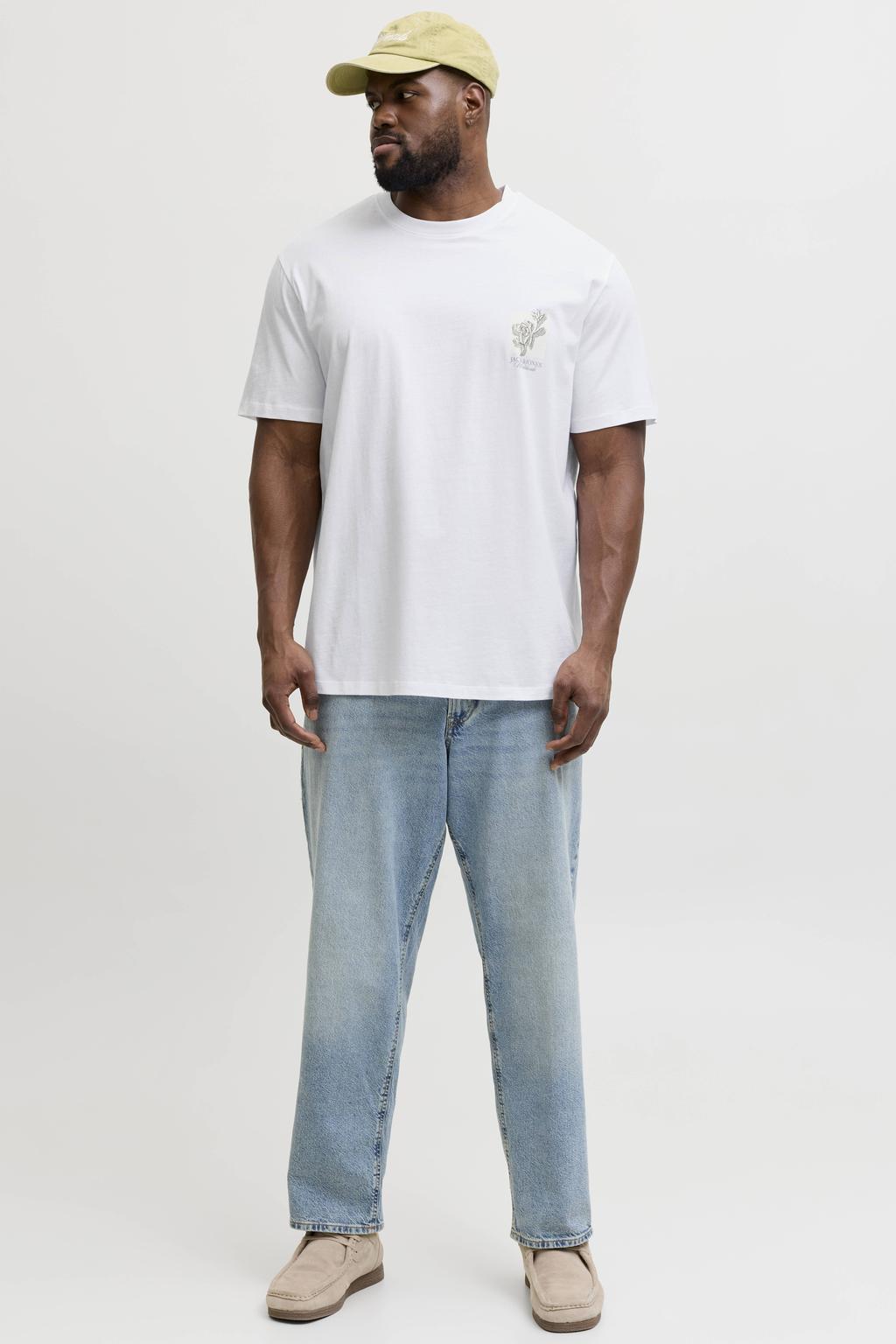 Witte heren JACK & JONES PLUS SIZE regular T-shirt van katoen met printopdruk, korte mouwen en ronde hals