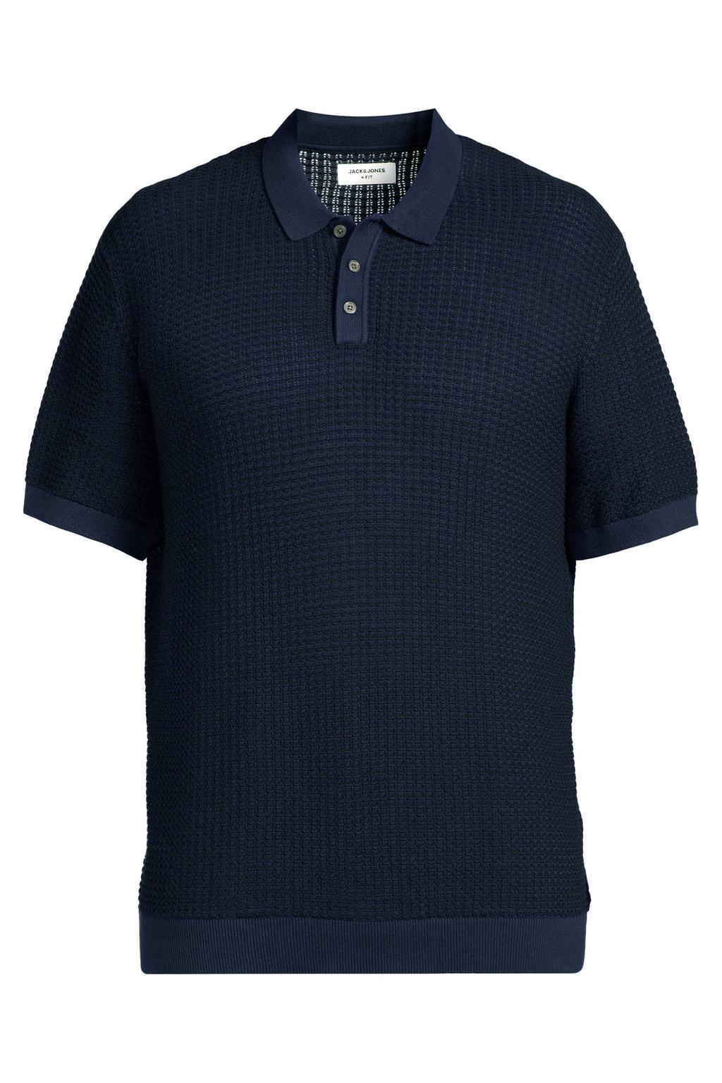 Donkerblauwe heren JACK & JONES PLUS SIZE regular polo gebreid Plus Size van katoen met effen, korte mouwen en knoopsluiting
