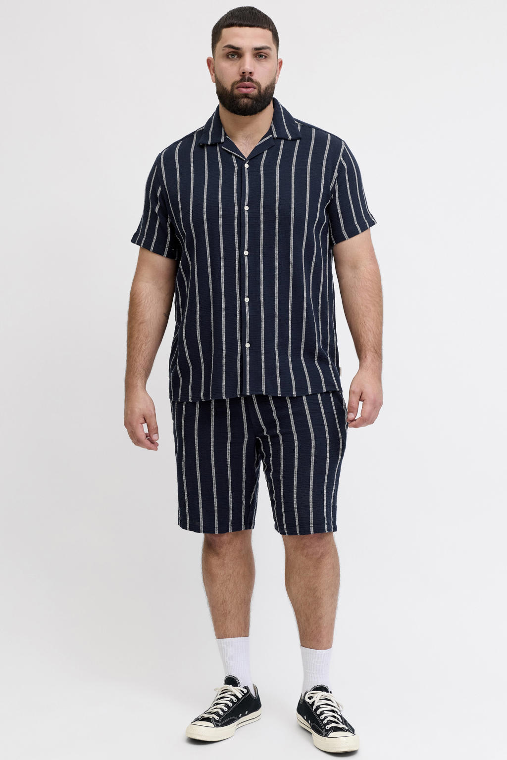Donkerblauwe heren JACK & JONES PLUS SIZE regular gestreept casual overhemd Plus Size van katoen met korte mouwen, reverskraag, knoopsluiting en textuur