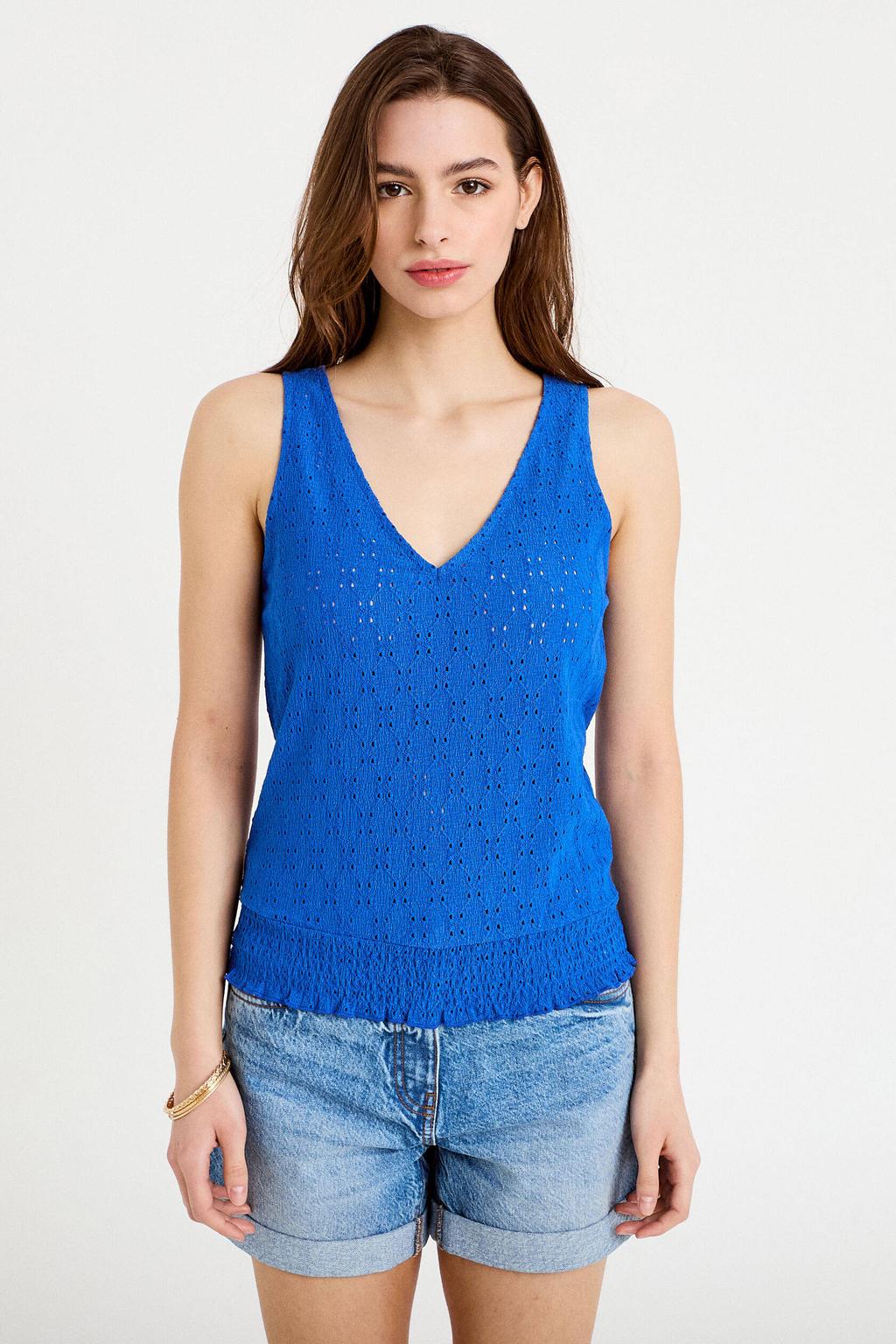Blauwe dames Cache Cache mouwloze top van polyester met effen, V-hals en borduursels