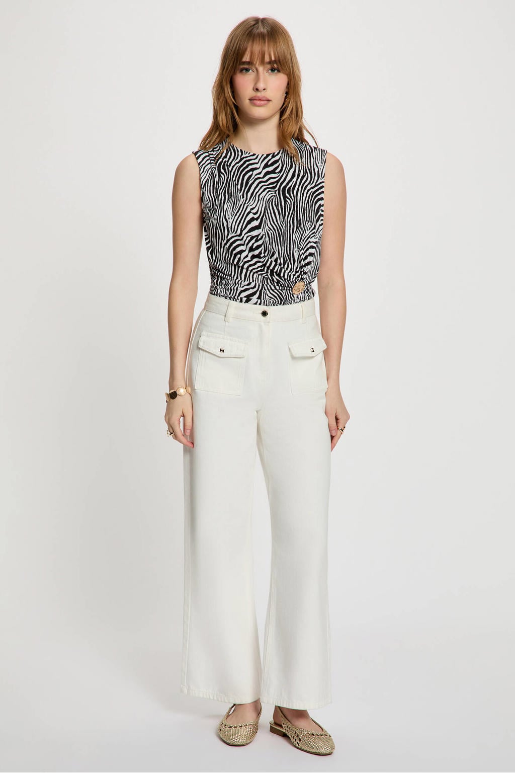Zwart en witte dames Morgan mouwloze top van polyester met zebraprint, ronde hals en plooien