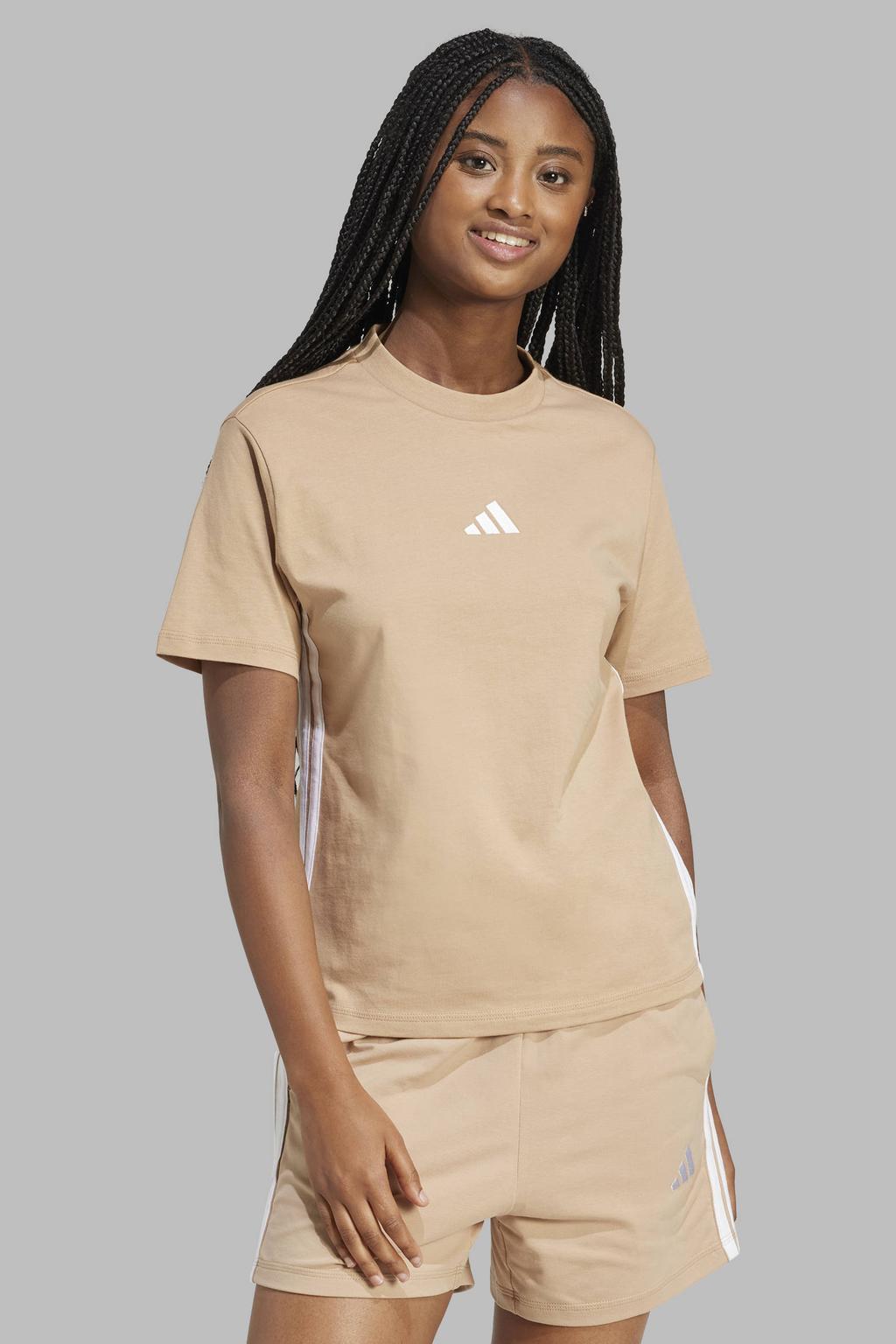 Beige dames adidas Sportswear T-shirt van katoen met korte mouwen en ronde hals
