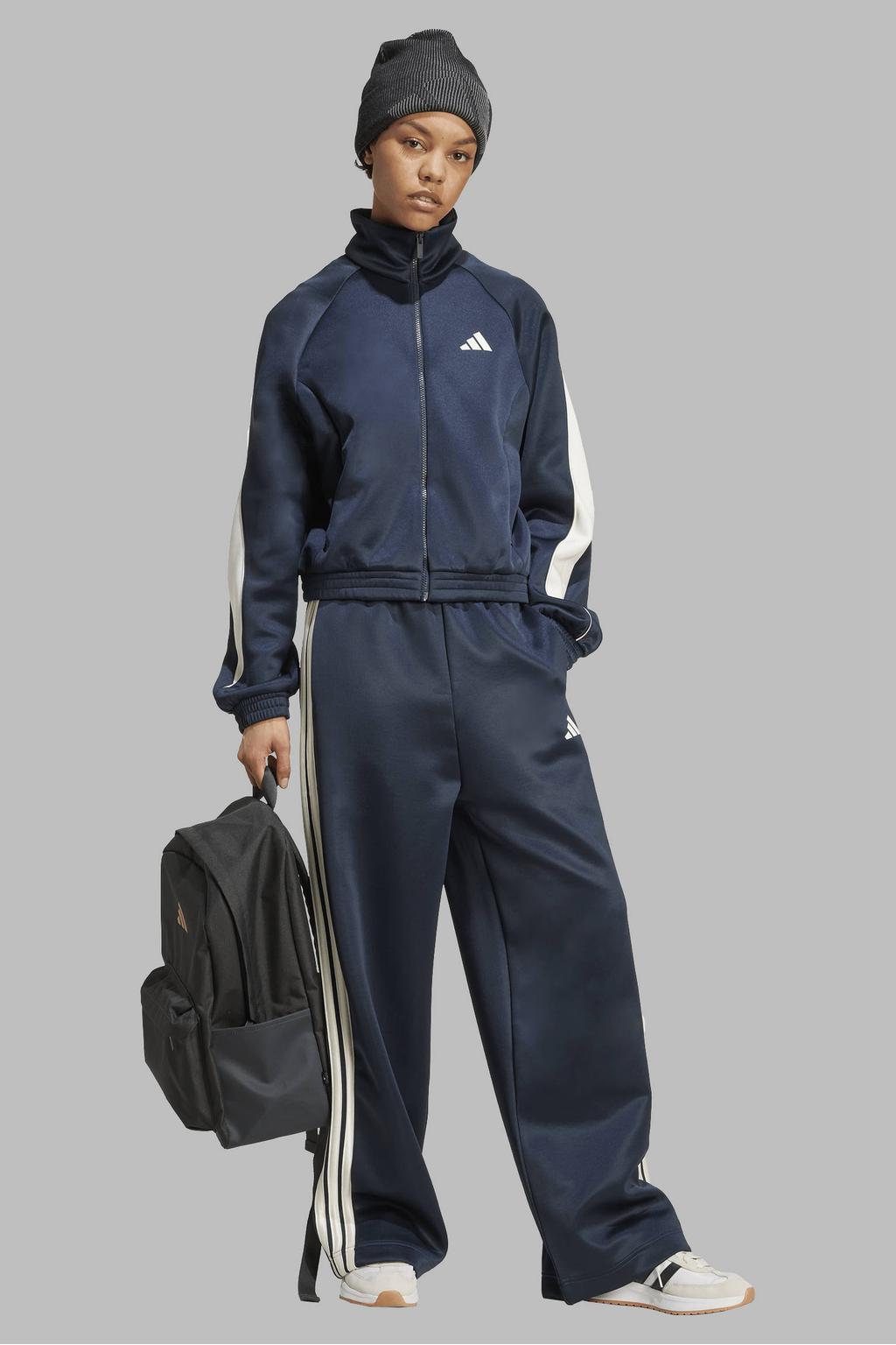 Blauwe dames adidas Sportswear sweatvest van polyester met effen, lange mouwen, opstaande kraag en ritssluiting