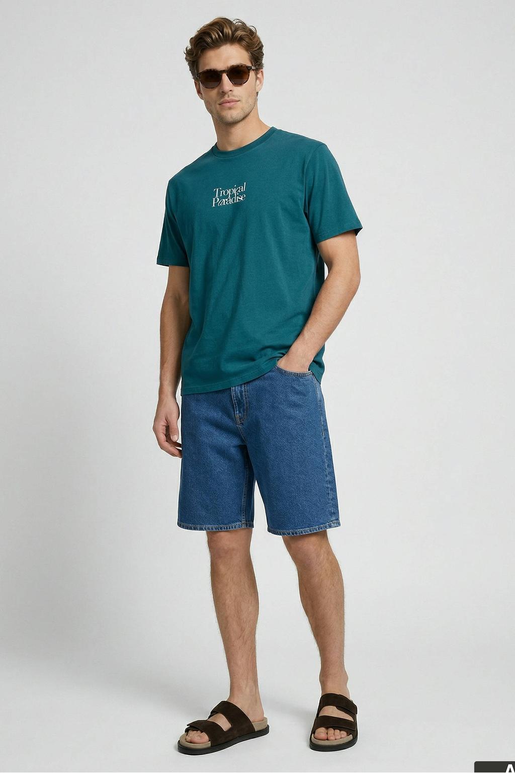 Petrolkleurige heren JJ REBEL relaxed T-shirt van katoen met backprint, korte mouwen en ronde hals