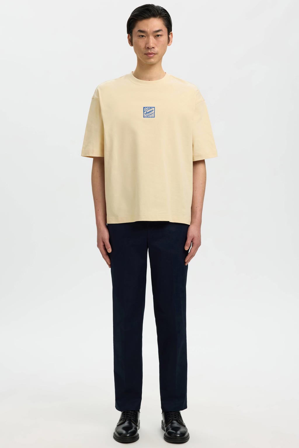 Gele heren Selected relaxed T-shirt van katoen met backprint, korte mouwen en ronde hals