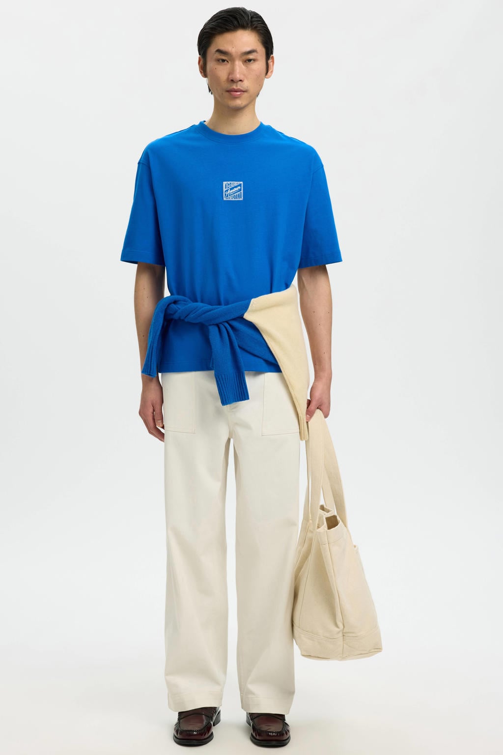 Blauwe heren Selected relaxed T-shirt van katoen met backprint, korte mouwen en ronde hals