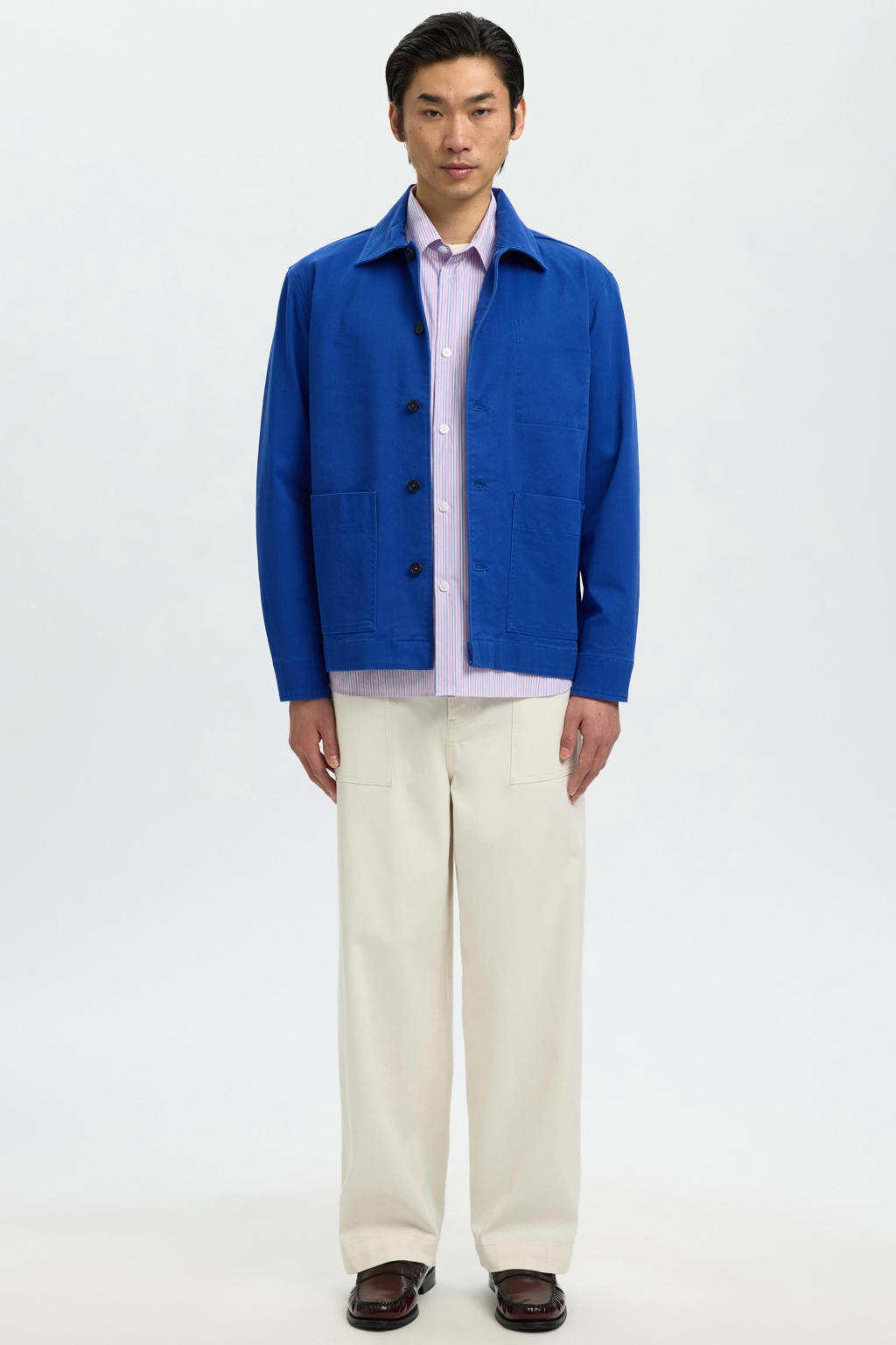 Blauwe heren Selected overshirt van katoen met backprint, lange mouwen, klassieke kraag en knoopsluiting
