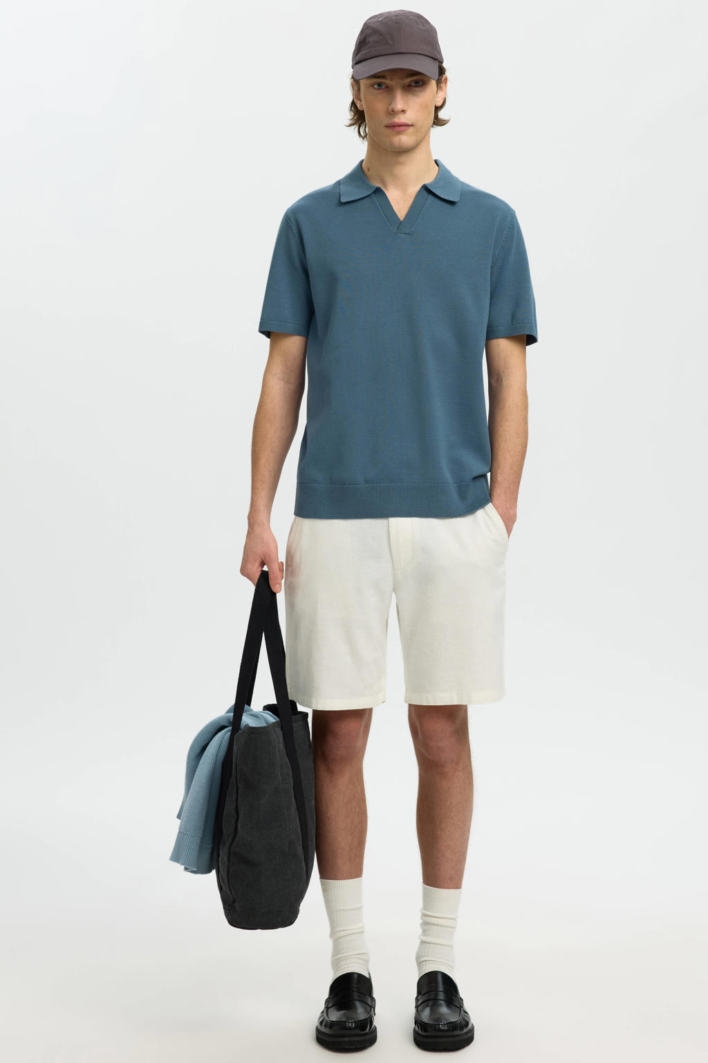 Blauwe heren Selected regular polo gebreid van viscose met effen, korte mouwen en klassieke kraag