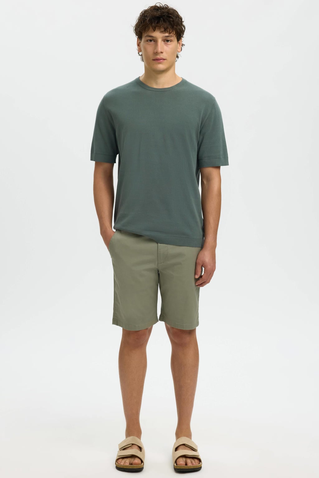 Groene heren Selected regular T-shirt fijn gebreid van katoen met effen, korte mouwen en ronde hals