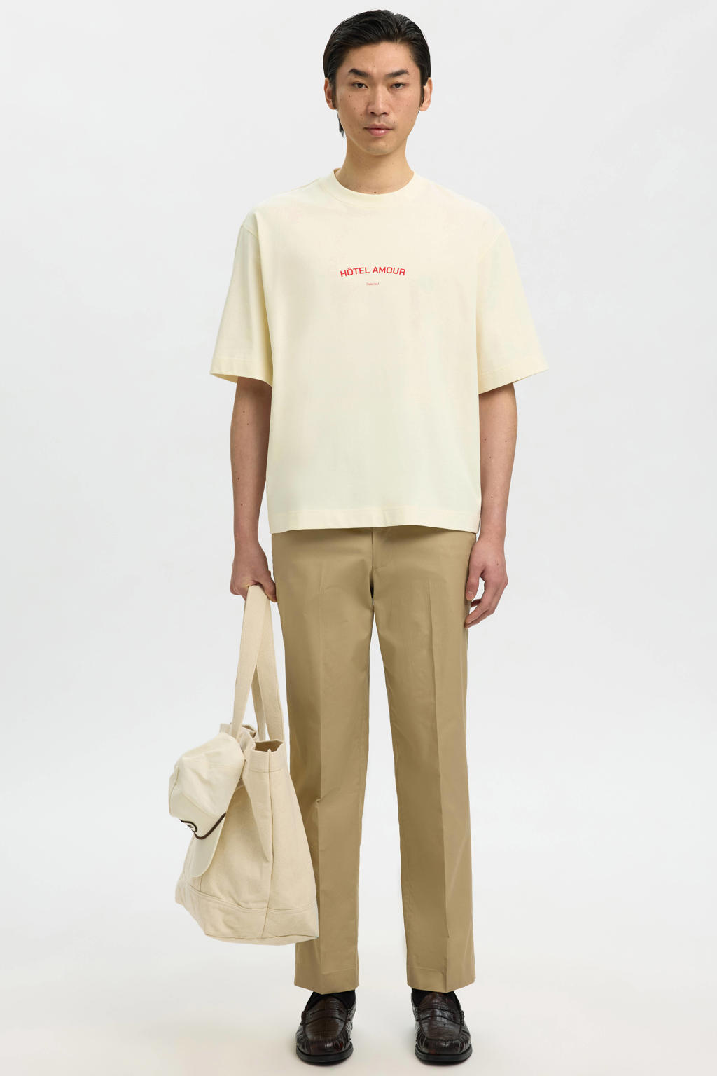 heren Selected boxy T-shirt van katoen met backprint, korte mouwen en ronde hals