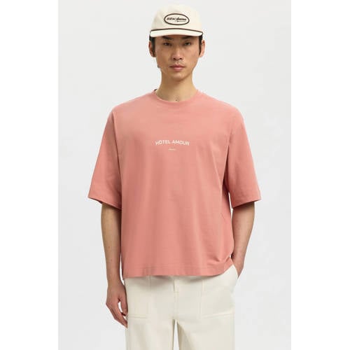 SELECTED HOMME boxy T-shirt met backprint roze afbeelding