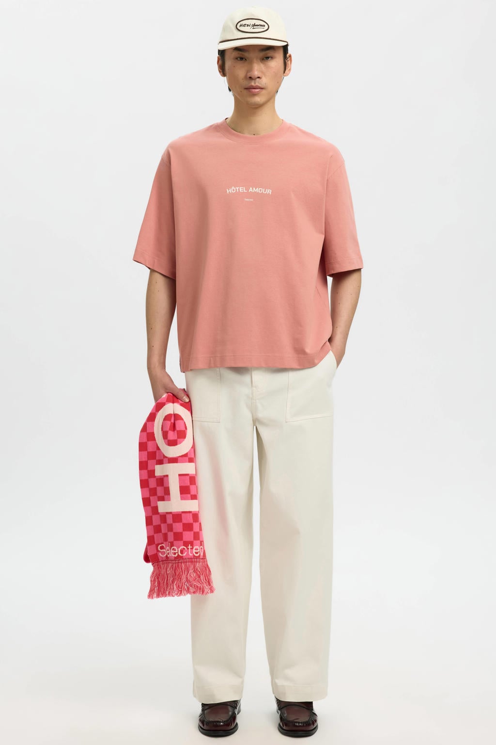 Roze heren Selected boxy T-shirt van katoen met backprint, korte mouwen en ronde hals