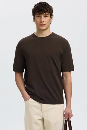 regular T-shirt bruin fijn gebreid