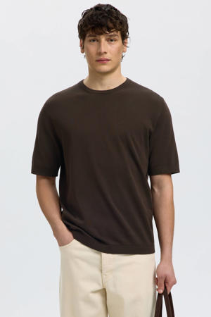 regular T-shirt bruin fijn gebreid