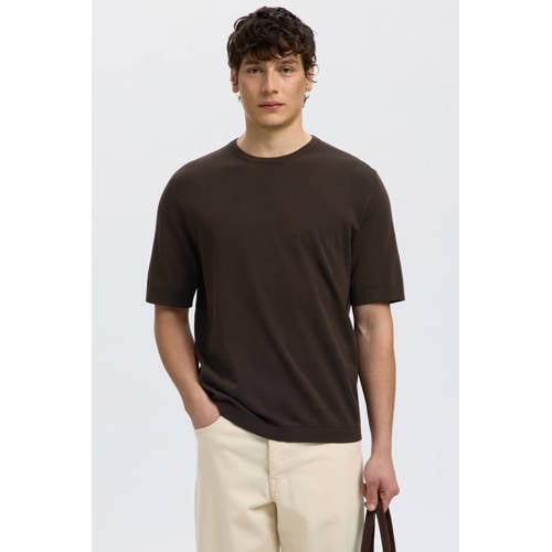 SELECTED HOMME regular T-shirt bruin fijn gebreid afbeelding