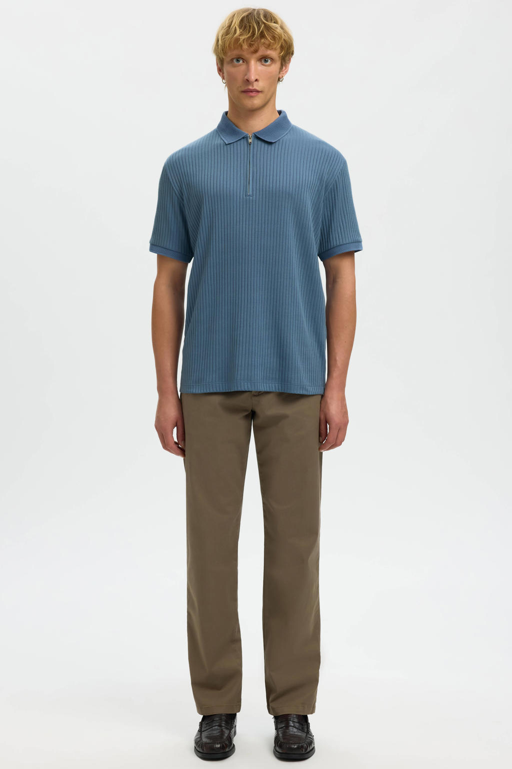 Blauwe heren Selected regular polo gebreid met effen, korte mouwen en halve rits