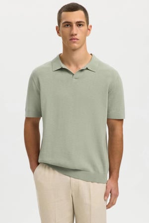 regular polo met linnen fijn gebreid lichtgroen