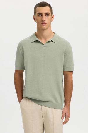 regular polo met linnen fijn gebreid lichtgroen