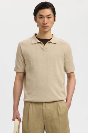 regular polo met linnen fijn gebreid beige