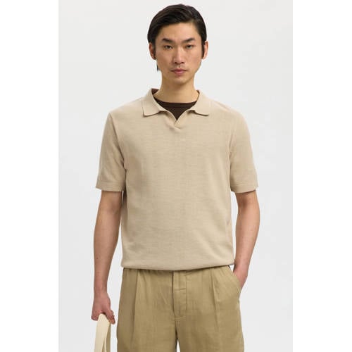 SELECTED HOMME regular polo met linnen fijn gebreid beige afbeelding