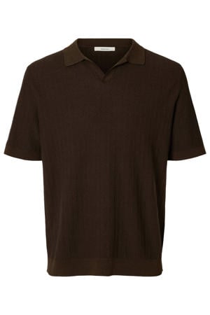 regular polo met linnen gebreid bruin