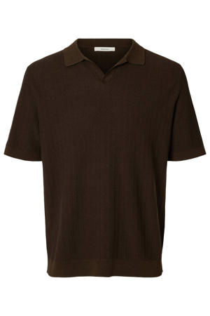 regular polo met linnen gebreid bruin