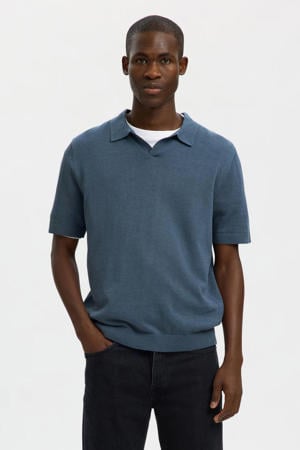 regular polo met linnen fijn gebreid blauw