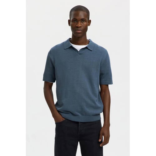 SELECTED HOMME regular polo met linnen fijn gebreid blauw afbeelding