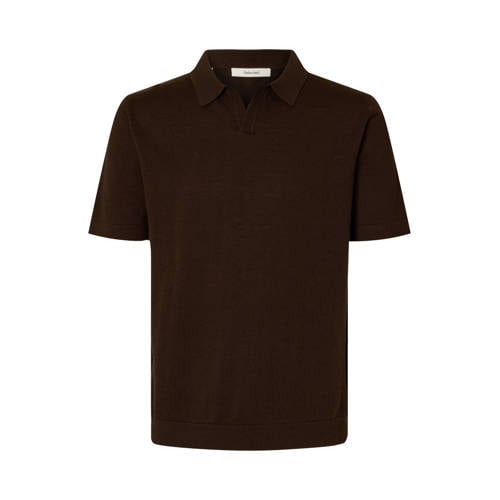 SELECTED HOMME regular polo met linnen fijn gebreid donkerbruin afbeelding
