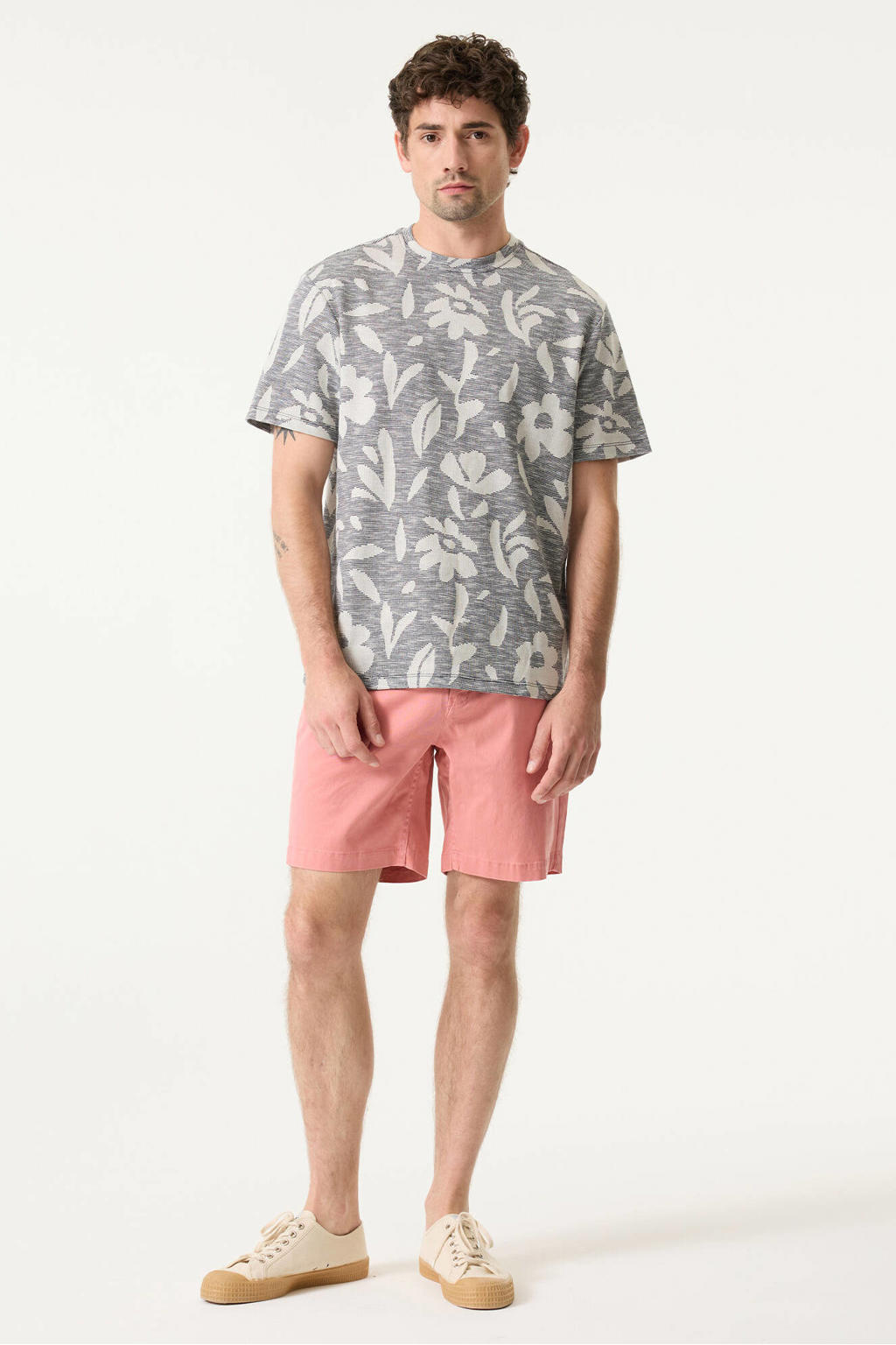 Blauwe heren Garcia regular gebloemd T-shirt van katoen met korte mouwen en ronde hals