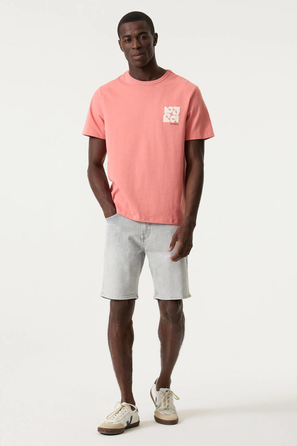 Roze heren Garcia regular T-shirt van katoen met backprint, korte mouwen en ronde hals