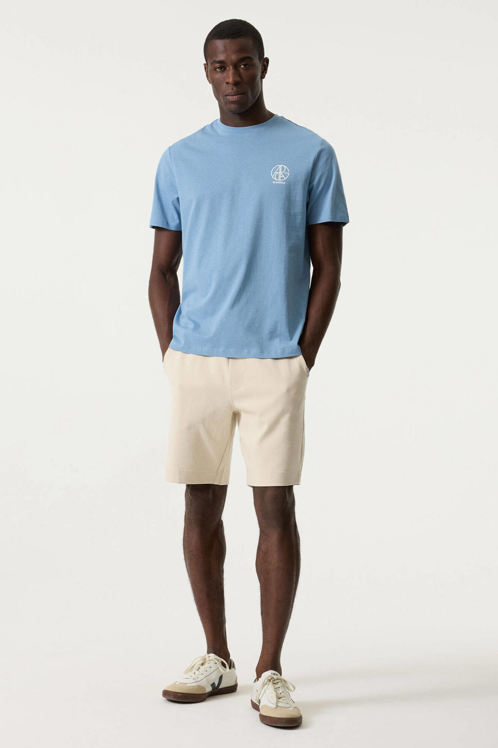 Blauwe heren Garcia relaxed T-shirt van katoen met logo dessin, korte mouwen en ronde hals