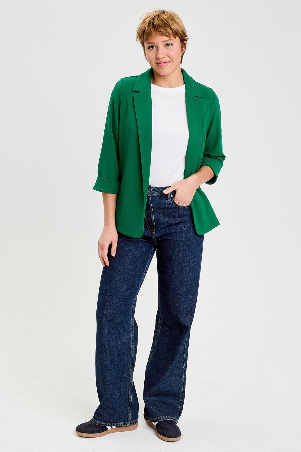 Donkergroene dames Cache Cache getailleerde blazer van polyester met effen, driekwart mouwen, reverskraag en knoopsluiting