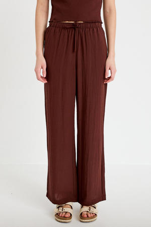 wide leg high waist casual broek donkerbruin met textuur